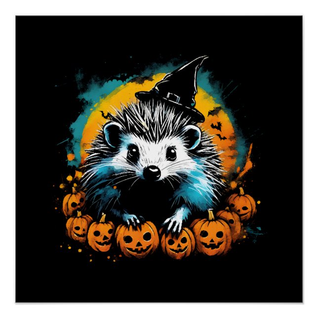 Halloween Hedgehog and pumpkins cute Poster (Front)