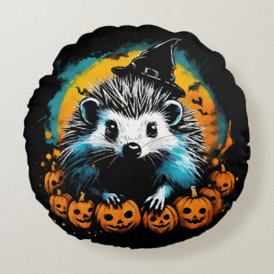 Halloween Hedgehog and pumpkins cute Round Pillow