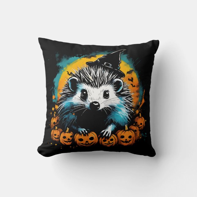 Halloween Hedgehog and pumpkins cute Throw Pillow (Front)