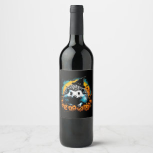 Halloween Hedgehog and pumpkins cute Wine Label
