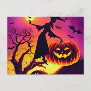 Halloween Hexe tanzt mit Kürbiss im Mondlicht.  Postcard