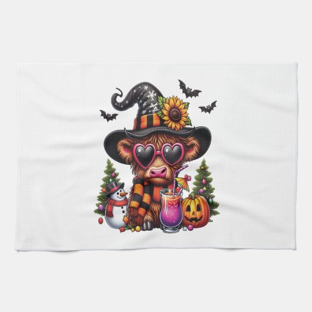 Halloween Highland Cow 2 Kitchen Towel (Horizontal)