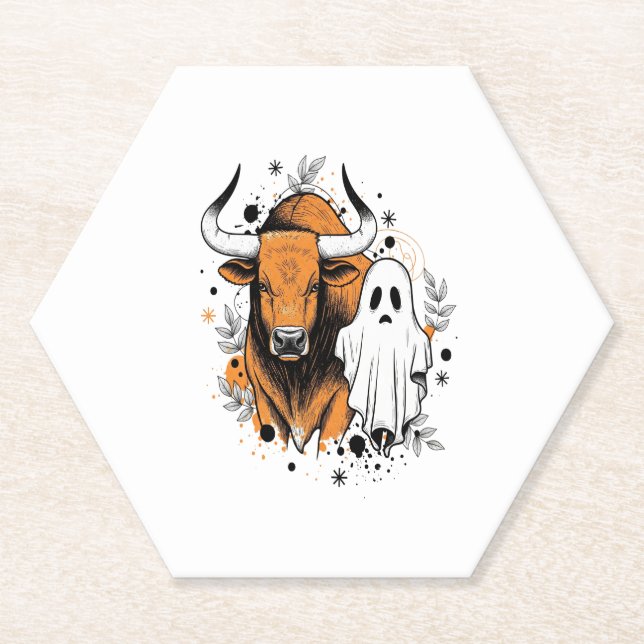 Halloween Highland Cow Cute Fall Paper Coaster (Front)