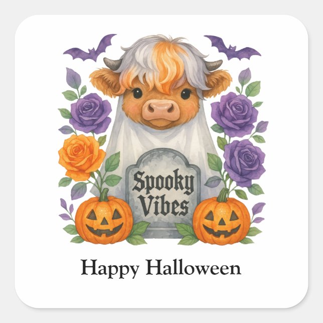 Halloween Highland Cow Ghosts Cute Personalized Square Sticker (Front)