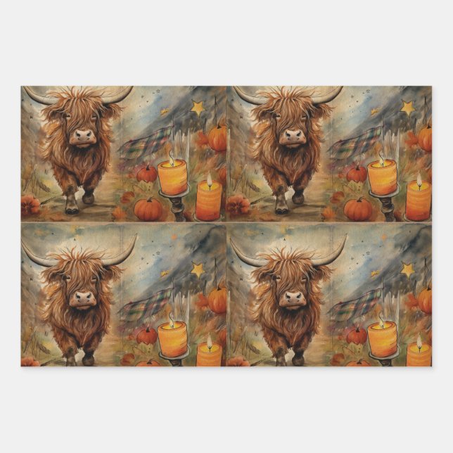Halloween Highland Cow Portrait Ephemera Wrapping Paper Sheet (Front)