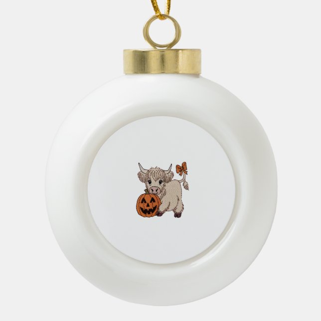 Halloween Highland Cow Pumpkin Ceramic Ball Christmas Ornament (Front)