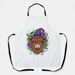 Halloween Highland Cow Witch Hat Vintage Vector_1 Apron