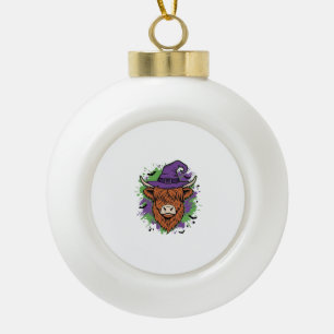 Halloween Highland Cow Witch Hat Vintage Vector_1 Ceramic Ball Christmas Ornament