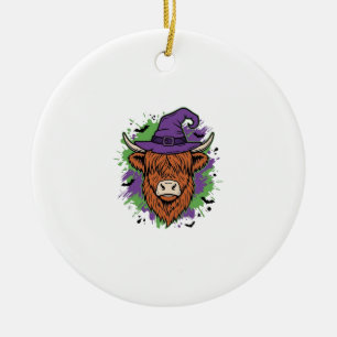 Halloween Highland Cow Witch Hat Vintage Vector_1 Ceramic Ornament