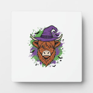 Halloween Highland Cow Witch Hat Vintage Vector_1 Plaque