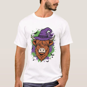 Halloween Highland Cow Witch Hat Vintage Vector_1 T-Shirt