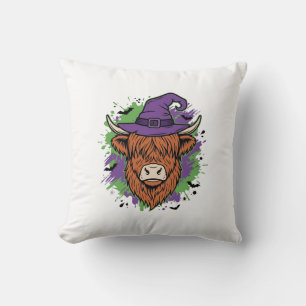 Halloween Highland Cow Witch Hat Vintage Vector_1 Throw Pillow