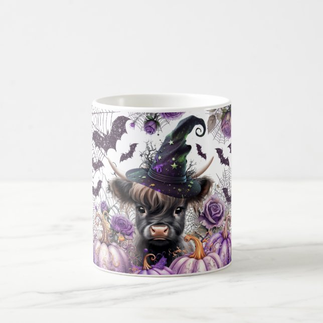 Halloween Highland Cow Witch Purple Pumpkins Coffee Mug (Center)