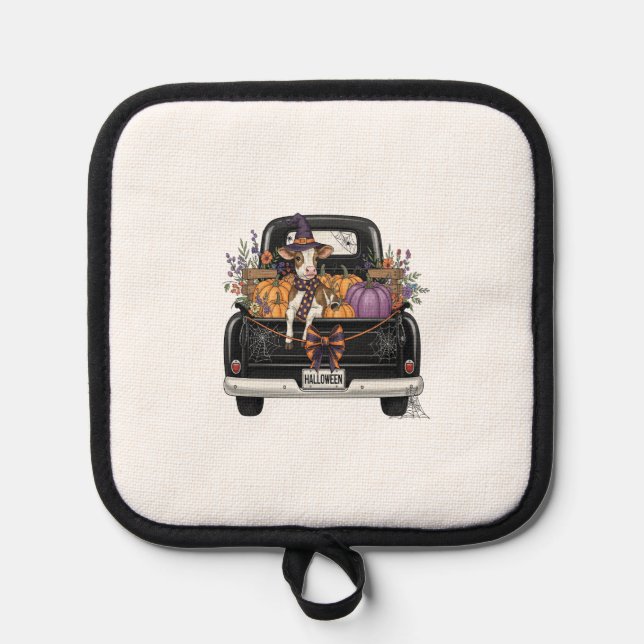Halloween Highland Cow with Truck Pot Holder (Front)