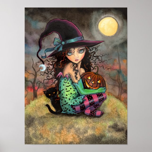 Halloween Hill Cute Gothic Witch and Cat Art Poster (Front)