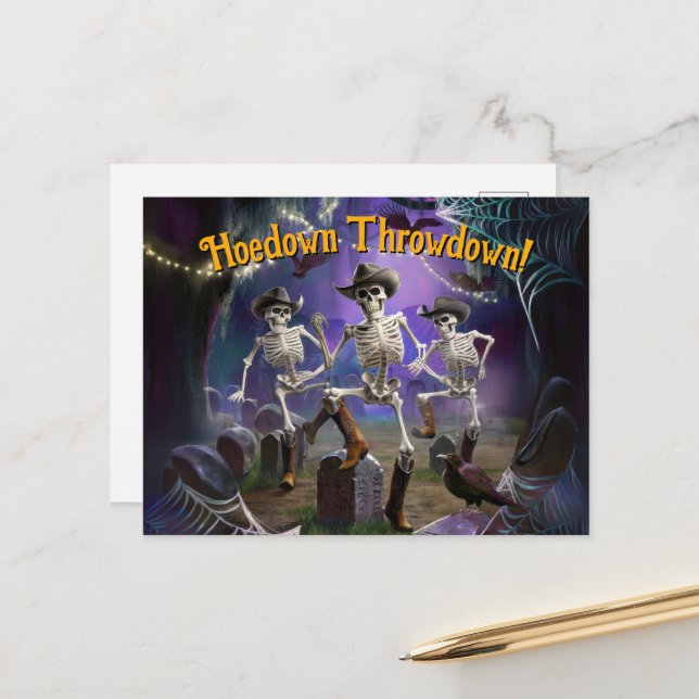Halloween HoeDown Throwdown, Dancing Skeletons Postcard (Front/Back In Situ)
