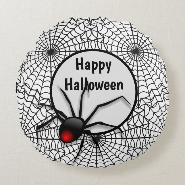 Halloween Home Decor Black Spider Web Round Pillow (Front)