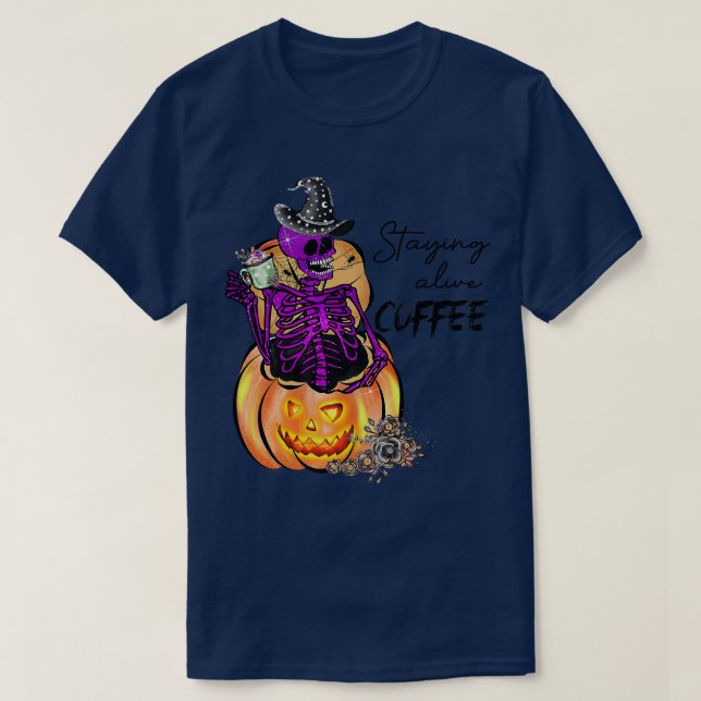 Halloween Home Decor Funny Skeleton Drinking Coffe T-Shirt (Design Front)
