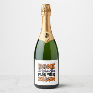 Halloween Home Park Your Broom Vintage Typography Sparkling Wine Label
