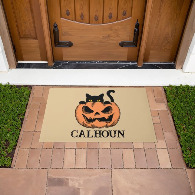 Halloween Home Pumpkin and Black Cat Personalized  Doormat (Outdoor)