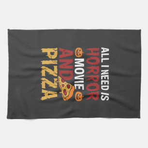Halloween Horror Movie and Pizza Typography Kitchen Towel