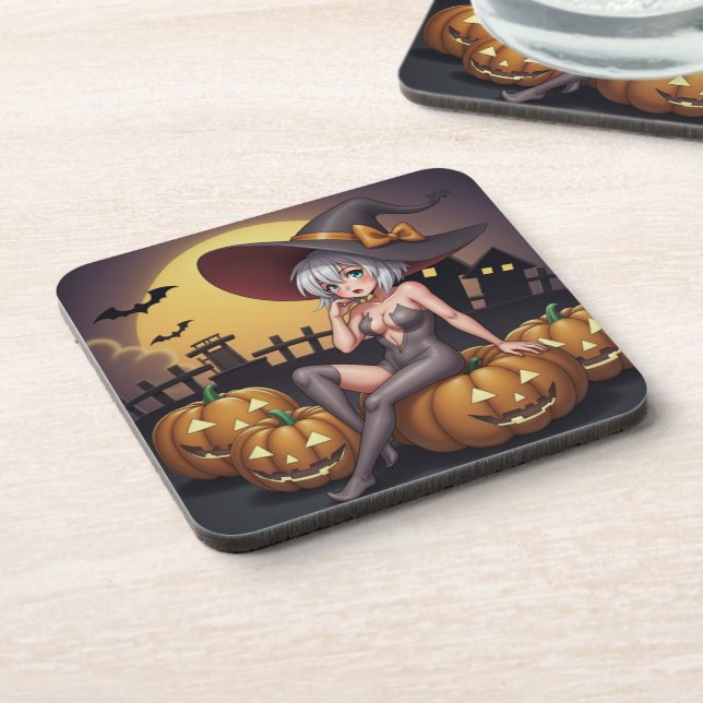 Halloween Hot Anime Witch on Jack-O-Lantern Coaster (Left Side)