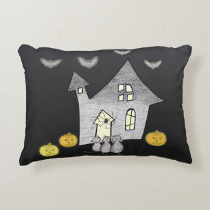 Halloween House, Black Cats, Bats, Pumpkins Accent Pillow