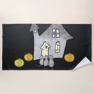 Halloween House, Black Cats, Bats, Pumpkins Beach Towel