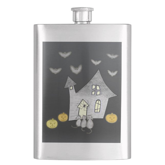 Halloween House, Black Cats, Bats, Pumpkins Hip Flask (Front)