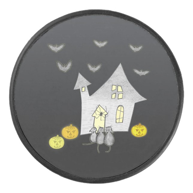 Halloween House, Black Cats, Bats, Pumpkins Hockey Puck (Front)