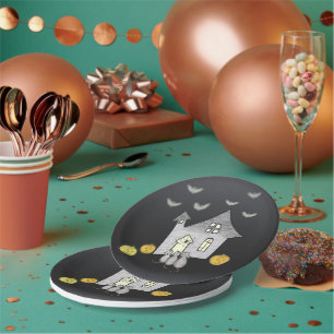 Halloween House, Black Cats, Bats, Pumpkins Paper Plate