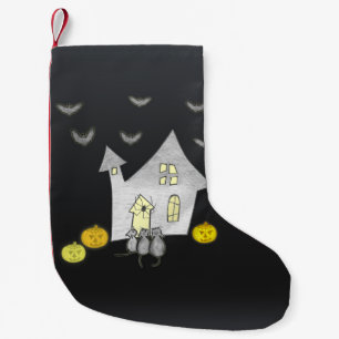Halloween House, Black Cats, Bats, Pumpkins Small Christmas Stocking