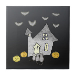 Halloween House, Black Cats, Bats, Pumpkins Tile