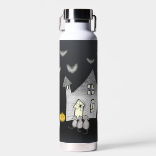 Halloween House, Black Cats, Bats, Pumpkins Water Bottle