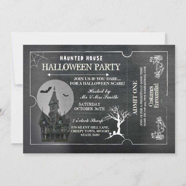 Halloween House Party Invite Horror Chalk Ticket (Front)