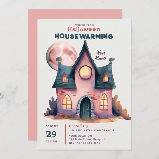 Halloween House Warming New Family Home Pink Moon Invitation (Front/Back)