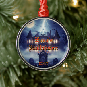 Halloween House With Frankie, Dark Blue Metal Ornament
