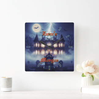 Halloween House With Frankie, Dark Blue Square Wall Clock