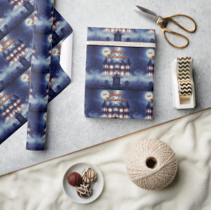 Halloween House With Frankie, Dark Blue  Wrapping Paper