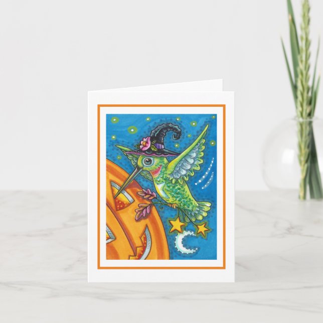 HALLOWEEN HUMMINGBIRD, JACK O LANTERN WHIMSY Blank Card (Front)