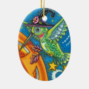 HALLOWEEN HUMMINGBIRD & JACK O LANTERN WHIMSY CERAMIC ORNAMENT