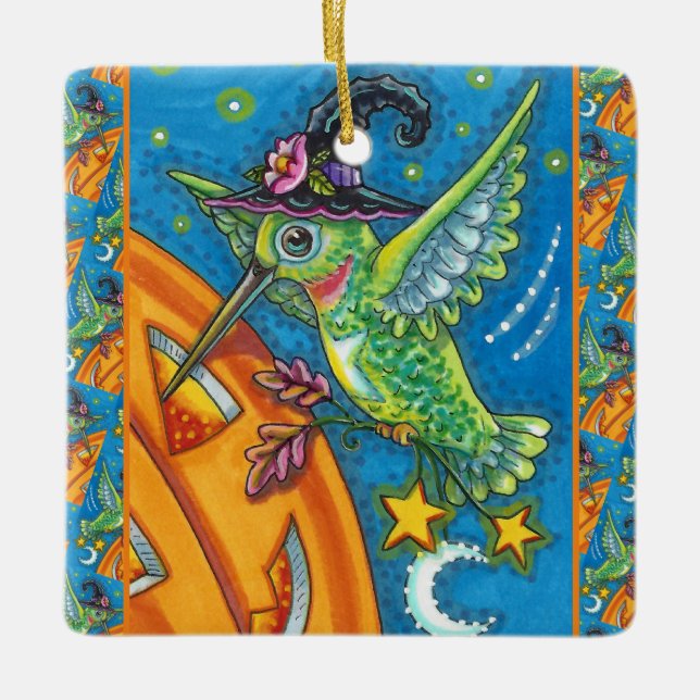 HALLOWEEN HUMMINGBIRD & JACK O LANTERN WHIMSY CERAMIC ORNAMENT (Front)