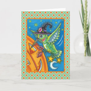 HALLOWEEN HUMMINGBIRD & JACK O LANTERN WHIMSY HOLIDAY CARD