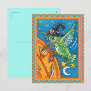 HALLOWEEN HUMMINGBIRD & JACK O LANTERN WHIMSY HOLIDAY POSTCARD