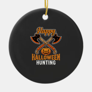 Halloween Hunting Crossed Axes Jack O Lantern Ceramic Ornament