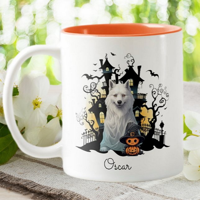 Halloween Husky Ghost Haunted House Personalized Two-Tone Coffee Mug (Creator Uploaded)