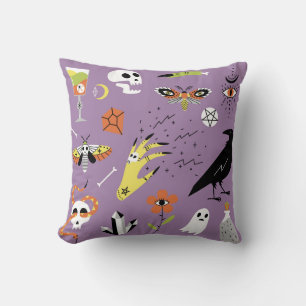 Halloween icons, hand-drawn vintage set. throw pillow