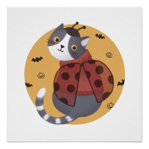 Halloween Illustration: Ladybug Cat Poster