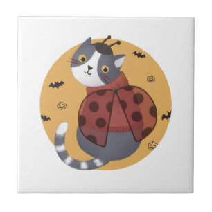 Halloween Illustration: Ladybug Cat Tile