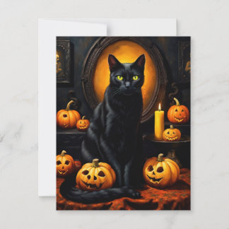 Halloween illustration with a cat and pumpkins holiday card